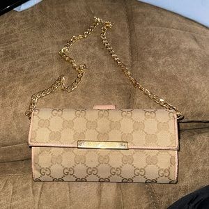 Gucci tan with peach canvas wallet with unbranded chain